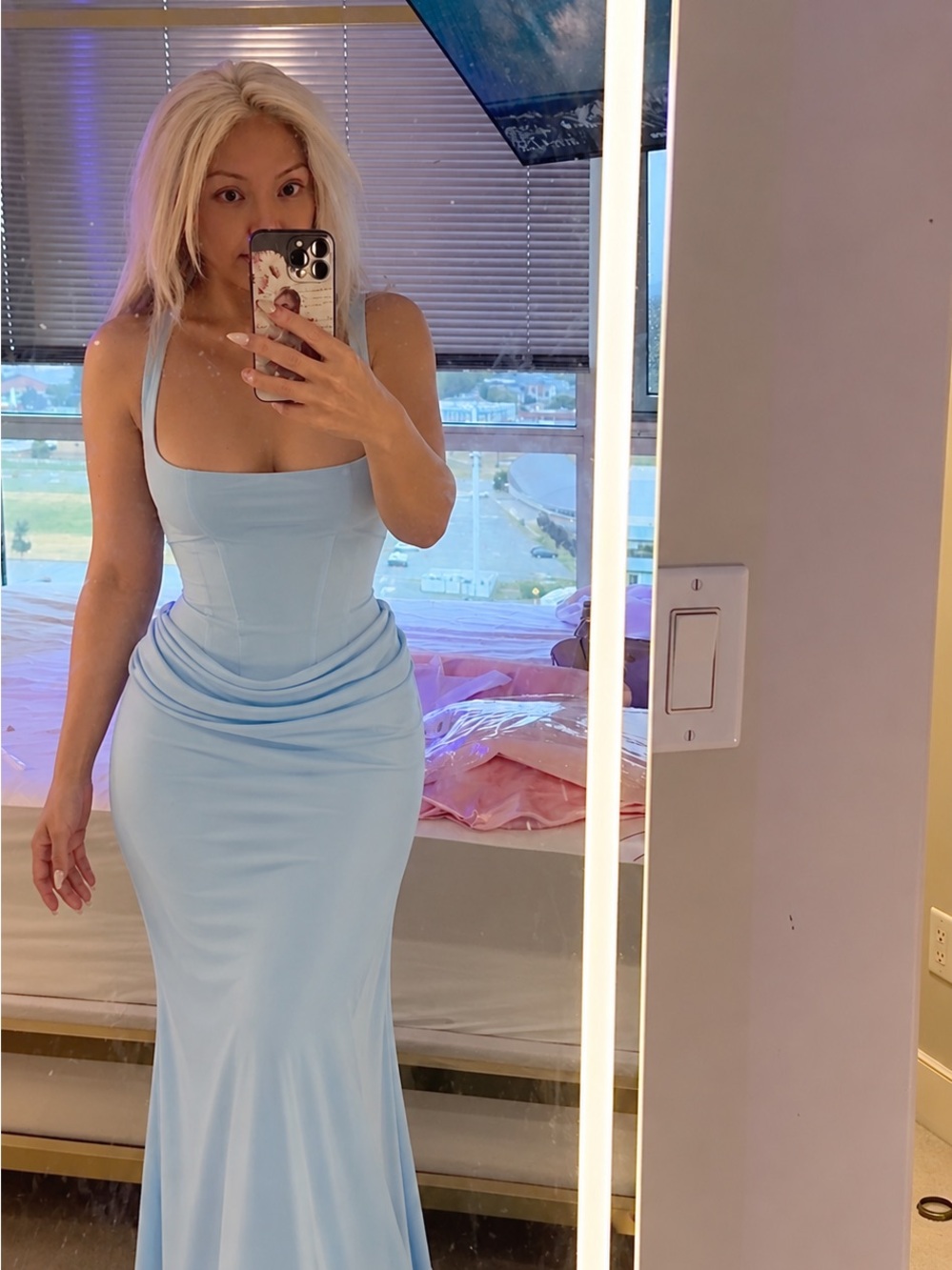 Square-Neck Light Blue Maxi Dress with Draped Waist